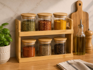 طقم بهارات 6 قطع – زجاج وخشب