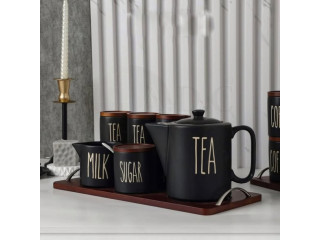 طقم بورسلان اسود قاعدة خشب بامبو