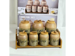 طقم سكريات فخار 7 قطع مع قاعدة خشب