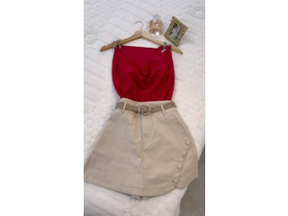 Stylish Red Top with Beige Skirt