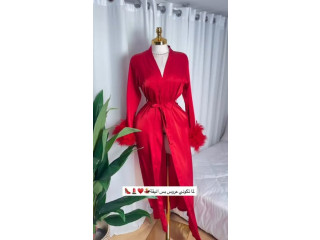Red Satin Robe with Feather Details