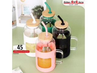 كاسة زجاج غطاء بامبو مع مصاصة ستانلس 1.5 لتر